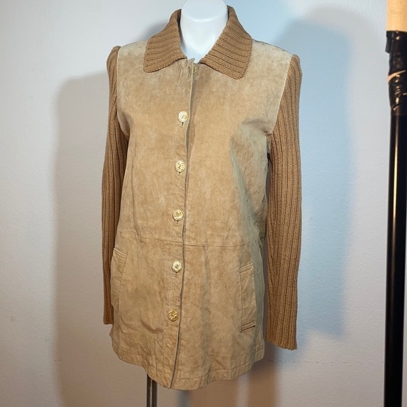 Sarah Chapman tan suede and wool blend knit long sleeves jacket  size M Medium - Picture 1 of 11